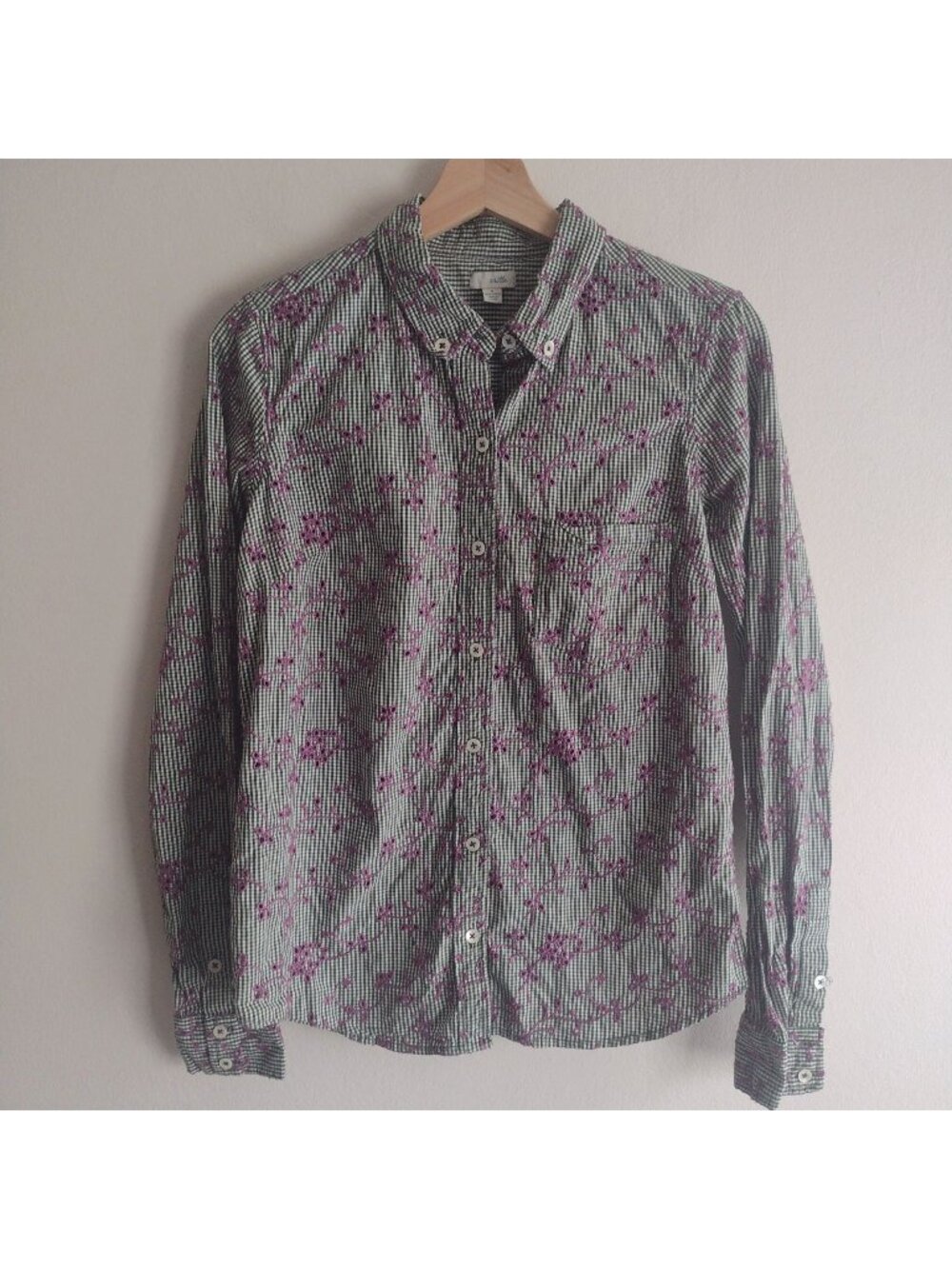 Anthropologie Odille Embroidered Gingham Shirt 8 Cotton Slim Fit Blouse